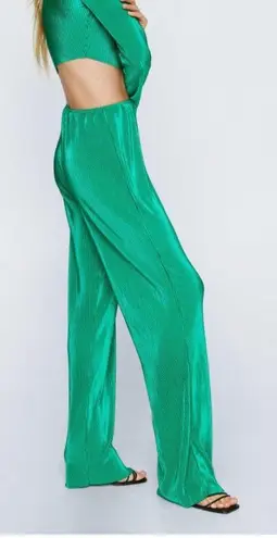 Nasty Gal  Green Shiny Plisse Wide Leg Pants