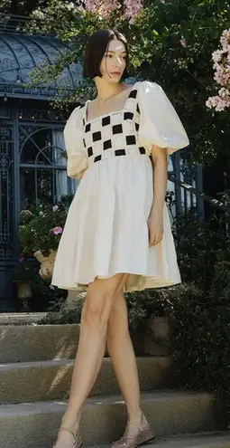 New Crochet Checkered Short Sleeve Dress sz Medium White