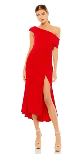 Mac Duggal Ruched Crepe Off-The-Shoulder Midi-Dress