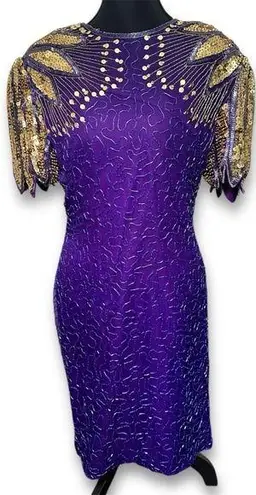 Laurence Kazar Silk Purple and Gold Embellished Sheath Dress