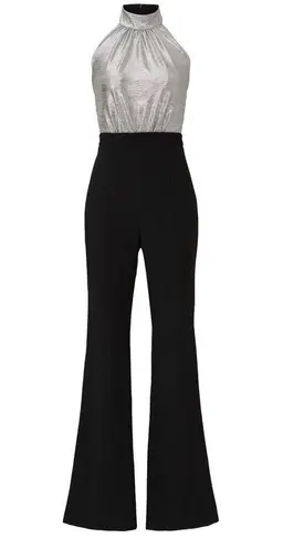 Black Halo Genesis Black Silver Wide Leg Halter Cocktail Jumpsuit Size 2