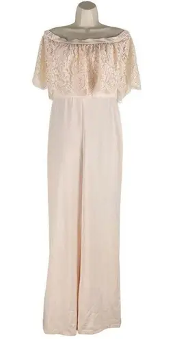 Theia BHLDN Mila Off the Shoulder Lace Jumpsuit Pink Braidesmaid Size 8