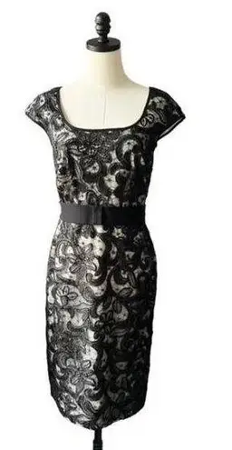 Tadashi Shoji Black and White Floral Lace Sheath Dress Belted Women's Size 2