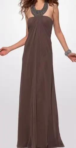 NWT LM Collection Brown / Taupe Beaded Halter Neck Empire Waist Formal Dress thumbnail 1
