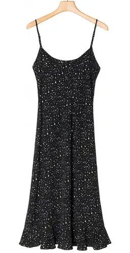 Y2K Vintage L&S Womens sz M Black Floral Polkadot Lace Up VNeck Midi Dress 90s Size M