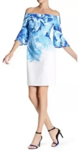 Donna Ricco White Blue Floral Off the Shoulder Bell Sleeve Dress 12 *TINY FLAW