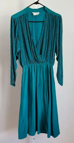 VTG Argenti 100% Silk Beaded Dress Teal Green Long Sleeve sz 10 Mob Wife Luxury