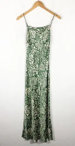 ZARA  Green Printed Slip Midi Dress Small Satin Tropical Floral Sleeveless