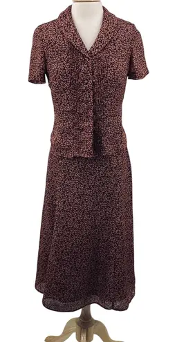 Vintage 90s Floral Print Skirt Set Matching Blouse & Midi Skirt Pink Maroon 8 P Purple