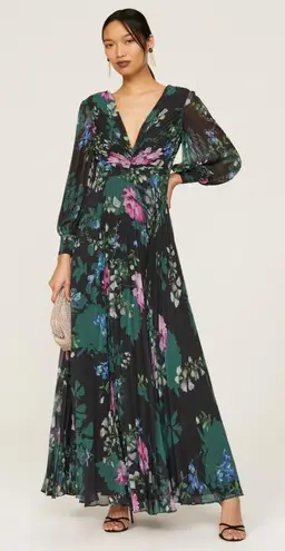 Badgley Mischka Black Floral Print Long Sleeve V-Neck Pleated Chiffon Gown 12