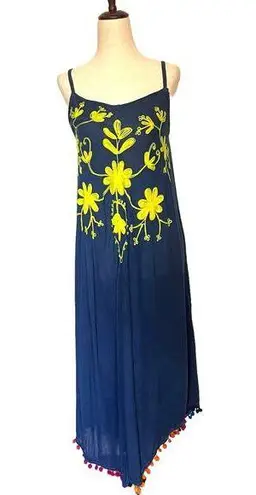 Riviera Sun Embroidered Denim Maxi Dress Sz S Festival Pom Poms Hanky Hem Boho Blue