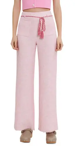 Maje Tweed Wide Leg Trousers Pants With Braided Belt Pink Size 36 US 4