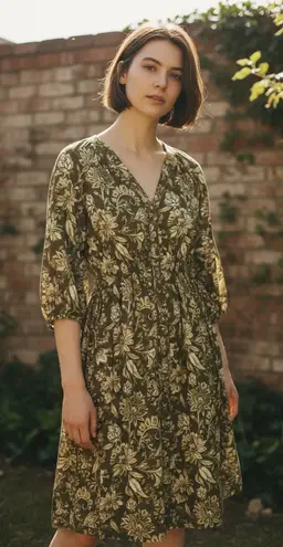 Harlow & Rose Women's Floral Print Midi Dress Green Beige Small