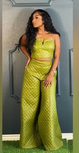 The Sang The Quilted Set Olive Sequin Bustier And High Waisted Wide Leg Pants Set Medium