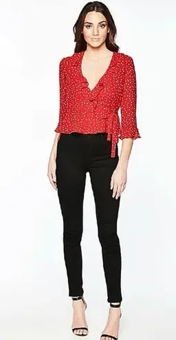 Bardot Red Polka Dots Ruffle V-neck Tie Waist 3/4 Sleeve Wrap Blouse Top Size L