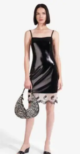 STAUD NWT Joan Yin Yang Dress Beaded Fringe Black Faux Leather Sleeveless sz 10