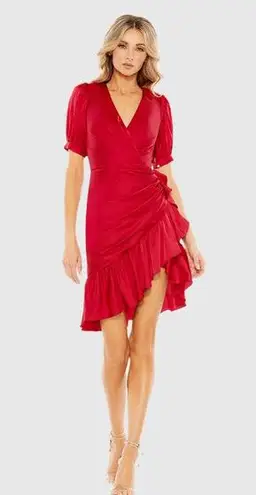 Mac Duggal NWT Short Puff Sleeve Faux Wrap Dress in Rusty Red Size 2