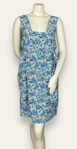 Vintage‎ Liberty Dress Apron Style Faux Wrap Side Ties Square Neck Blue Floral Size M