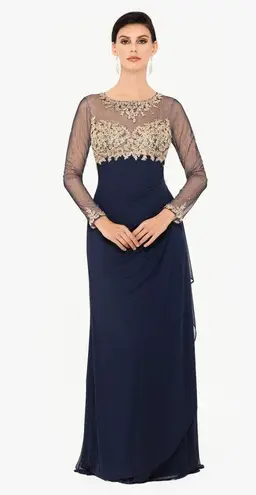 XScape Noah Illusion Long Sleeve Lace Matte Jersey Gown Ruched Size 6 Navy Gold