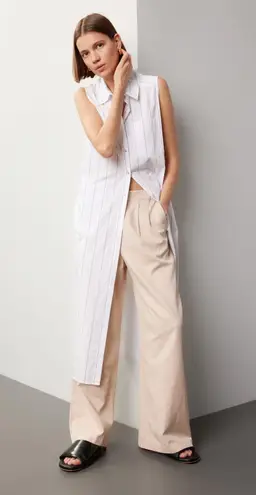 DONNI White Blue Striped Sleeveless Collared Neckline Button Front Dress Size L Size L