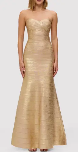 Herve Leger Metallic Sara Strapless Mermaid Gown NWT Size L Gold