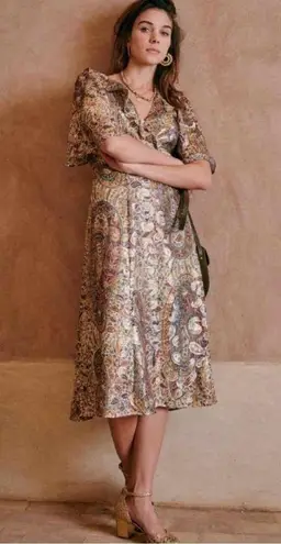 Sézane Paula Metallic Shimmer Silk Midi Dress Paisley Size US 2