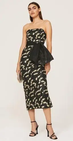 Shoshanna RTR Sz 4 Valerie Black Gold Leaf Strapless Bow Waist Midi Dress