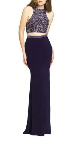 Madison James Navy Beaded Halter Prom Gown With Open Back Size 10 long 2 piece