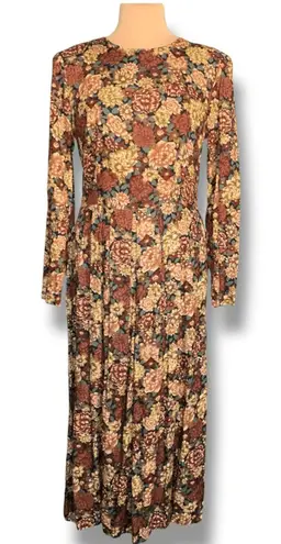Vintage 90s Brown Dark Floral Long Sleeve Rayon Maxi Dress 10 Autumn Romantic