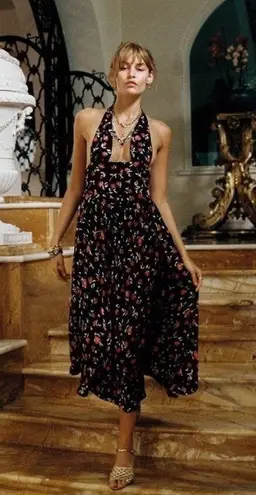 Vanessa Mooney Dress Venus Satin Floral Back-Tie Midi Summer Red Rose S NWT