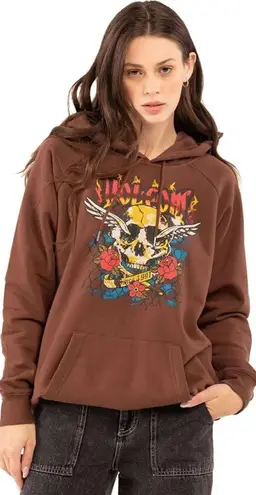 Volcom Women’s  Truly Stoked Oversized Hoodie brown skull & roses sz medium