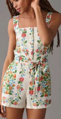 Farm Rio Tropical Romance Linen Blend Romper, Size M