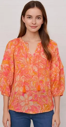 Dress Forum Women's Size Small Orange Floral Print Chiffon Ruffle Sleeve Top