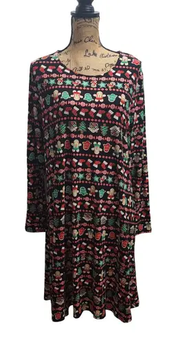 Joyland Women's XL Long Sleeve Christmas Gingerbread Cookie Candy Print Dress Black