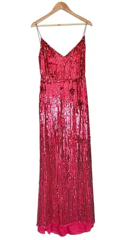 Mac Duggal NEW Sequin Embellished V Neck Sleeveless High Slit Gown Red Pink 8