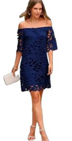 Women's | Pretty Garden | Navy Blue Off Shoulder Floral Lace Mini Dress - Small