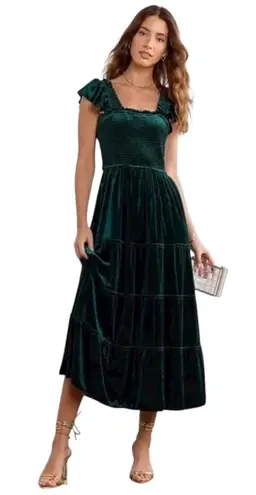 Hill House Home - Velvet Nap Dress Ellie Green Smocked Tiered Midi Sz XS