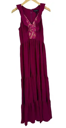 Saloni Suzi Ruffle Lace Trimmed Crinkled Gauze Maxi Size 6 Dress Magenta $625 Pink