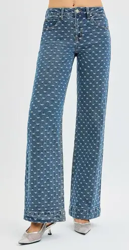 RISEN High Rise Wide Leg Bow Embroidered Jeans Blue Size 0
