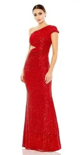 Mac Duggal Ieena for Red Sequin One Shoulder Cut Out Gown Size 2
