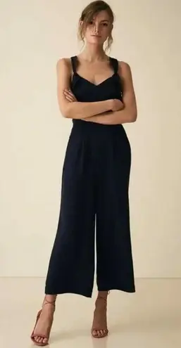 Reiss Amika Crepe Wide Leg Ruffle Sleeveless Cutout Jumpsuit Navy Blue 10