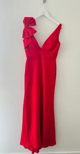 Mac Duggal Red Sleeveless V Neck Bow Detail Mermaid Gown