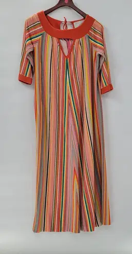 VTG Sears 70s Multicolor Striped House Coat Small Orange Robe Keyhole Back