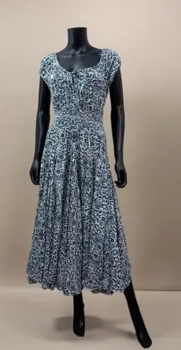 Grace Dresses Boho India Cotton Smocked Maxi Dress Blue White L Vintage Y2K Size 12