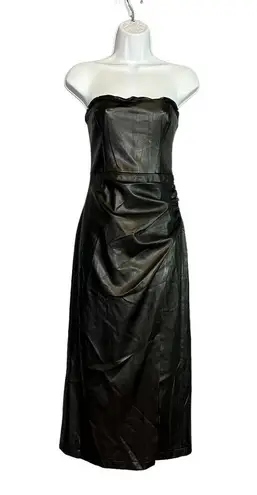Cami NYC Black Faux Leather Strapless Midi Dress XS Bodycon Ruched $395 Designer