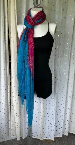Unbranded Silky Sheer Bright Watercolor Ombre Beaded Trim Blue Pink Scarf Shawl