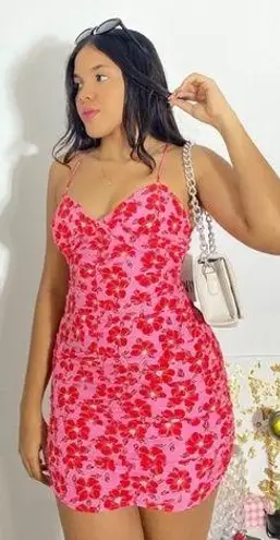 ZARA  pink red floral print ruched party body on mini dress