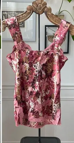 Vintage Y2K Floral Satin Camo Tank Lace Trim Mauve Pink Burgundy M Size M
