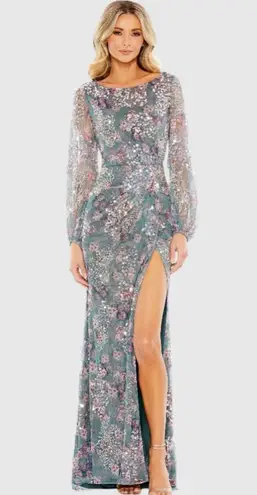 Mac Duggal Gray Embellished Illusion Long Sleeve Faux Wrap Gown NEW