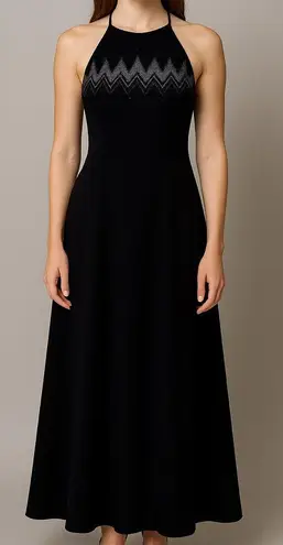 Vintage 90s Y2K Cachet Black Beaded Halter Maxi Dress 12 Formal Evening Gown